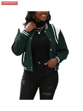 Womens Cropped Varsity Bomber Jacket Button Down Long Sleeve